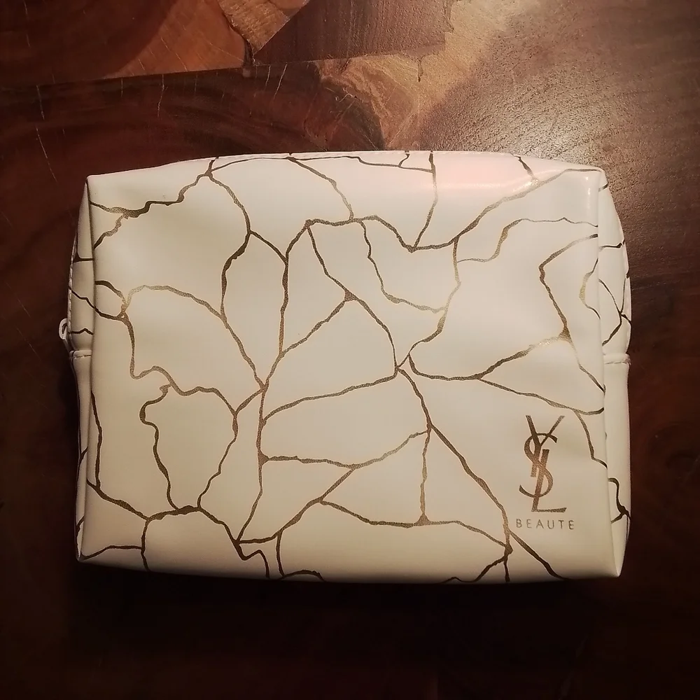 Yves Saint Laurent YSL Beauté Cosmetic Makeup Bag White & Gold Abstract